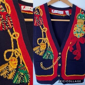 Vintage Chaus Embroidery Sweater Small Unique Christmas Royal Crown Bling Ugly